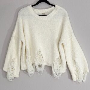 POL Fringed Distressed Knitted Sweater Top, White Dropped Bell Sleeves Small